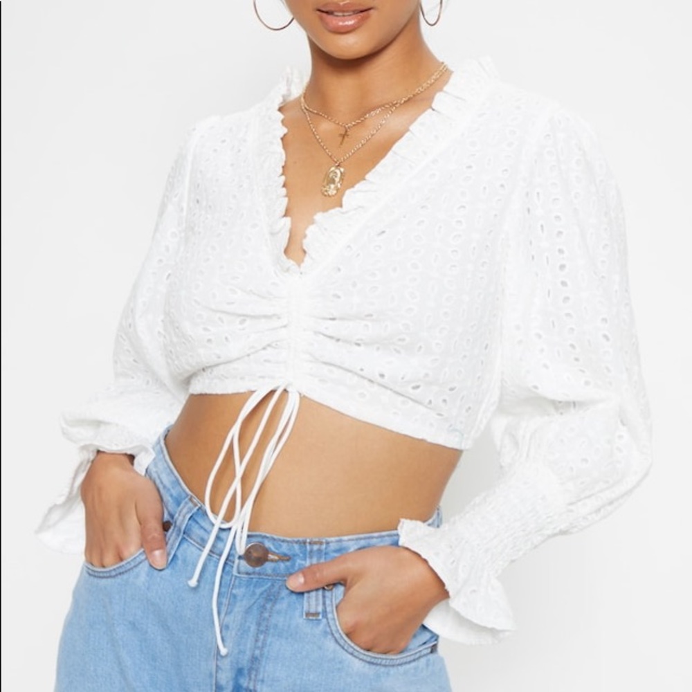 Pretty Little Thing White Cropped Ruched Lace Top